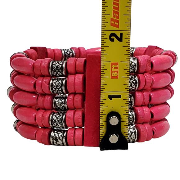 Pink Beaded Stretch Bracelet Silver Tone 1.5" - Picture 4 of 4